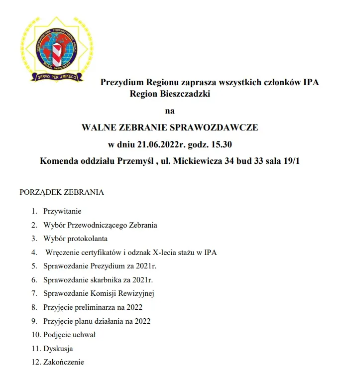 ZAPRASZAMY NA WALNE ZEBRANIE CZŁONKÓW IPA REGION BIESZCZADZKI